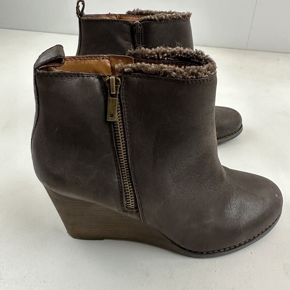 Lucky Brand Yorque Wedge Boots Size 9.5 Brown Leather Faux Fur Lined Side Zip - Picture 7 of 12
